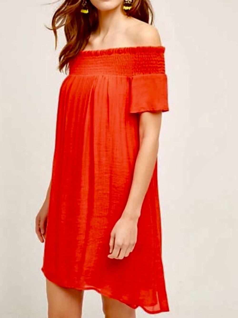 Anthropologie Off-Shoulder Midi Dress in Vibrant Red